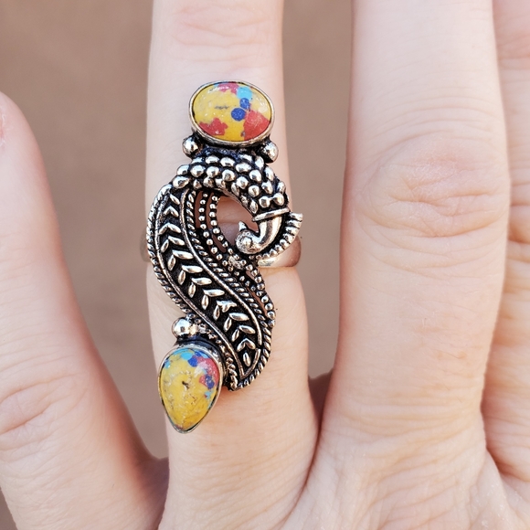 New Mosaic Jasper 925 Silver Peacock Ring. - Picture 8 of 14